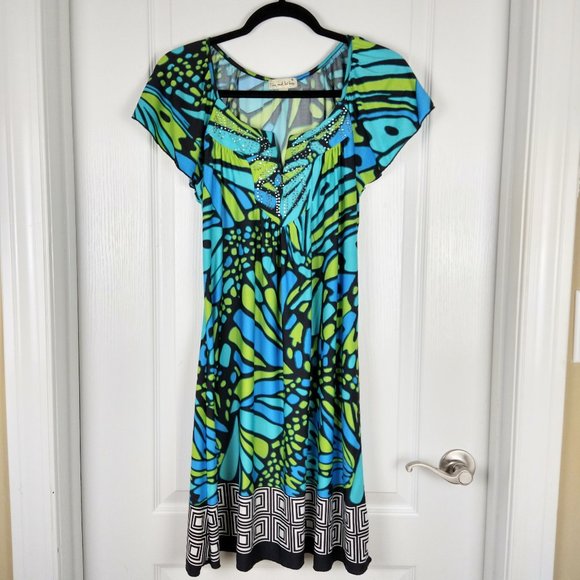Live & Let Live Dress Womens Size S Blue Green Beaded Polyester Flutter Sleeve - Picture 1 of 11